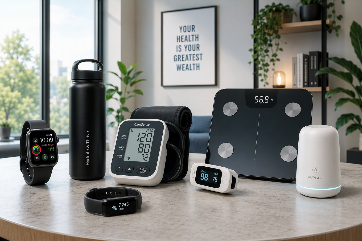 Modern health gadgets on a table
